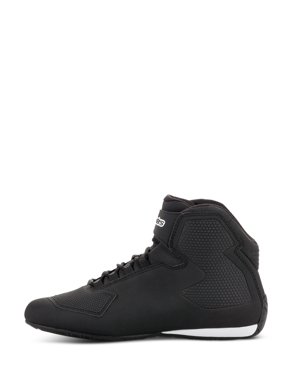 Alpinestars Sektor Shoes, Motorcycle Riding Shoes, Black and Dark Grey, side profile view, featuring lightweight microfiber construction, speed lacing system with ankle strap, and textured protective panels.