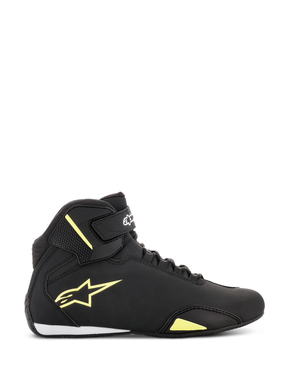 Alpinestars Sektor Shoes, Motorcycle Riding Shoes, Black and Yellow Fluorescent, side profile view featuring a yellow Astars logo, ankle strap with white branding, speed lacing system, and sleek microfiber construction.