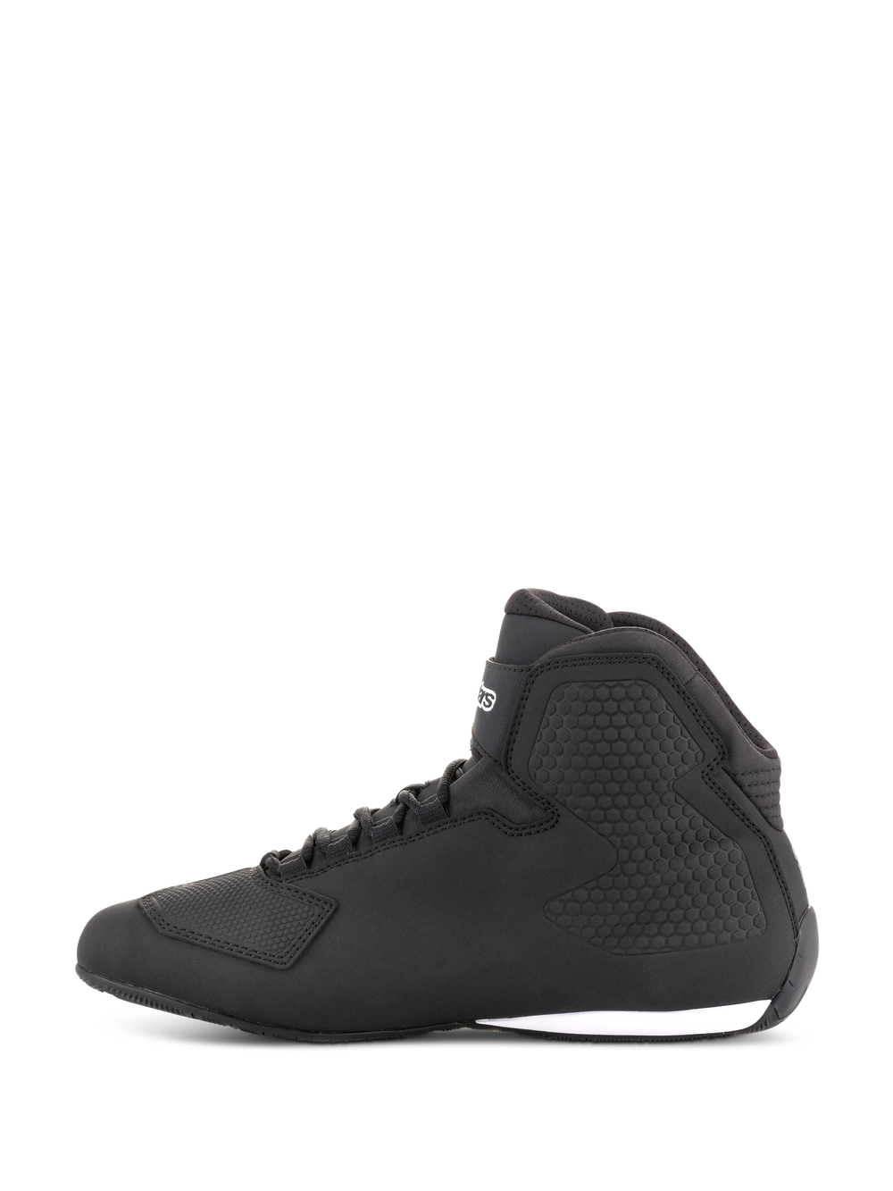 Alpinestars Sektor Shoes, Motorcycle Riding Shoes, Black, side profile view, high-top design with laces, microfiber upper, textured ankle protection, sleek racing-inspired look with white sole accent