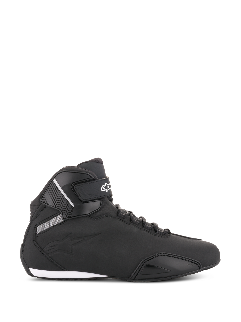 Alpinestars Sektor Shoes, Black Motorcycle Riding Shoes, side profile view, sleek high-top design with microfiber upper, ankle strap featuring white logo, speed lacing, and reinforced toe and heel areas, sport-inspired road footwear