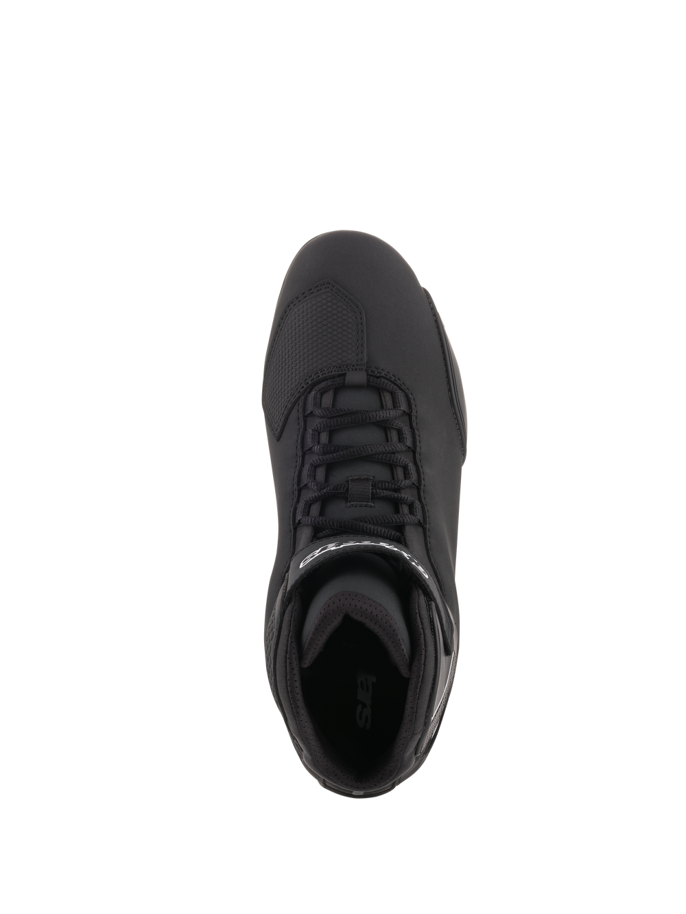 Alpinestars Sektor Shoes, Motorcycle Riding Shoes, Black, top-down view featuring speed lacing system, ankle strap with white logo, and reinforced toe area, sleek microfiber construction