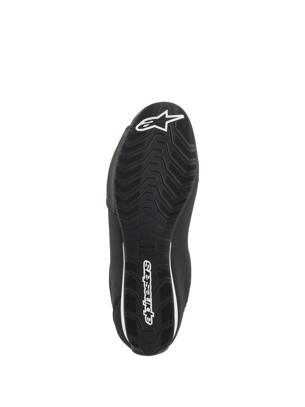 Alpinestars Sektor Shoes, Black Motorcycle Riding Shoes, bottom view showing textured rubber sole, white Alpinestars star logo on the toe and heel branding, designed for grip and durability