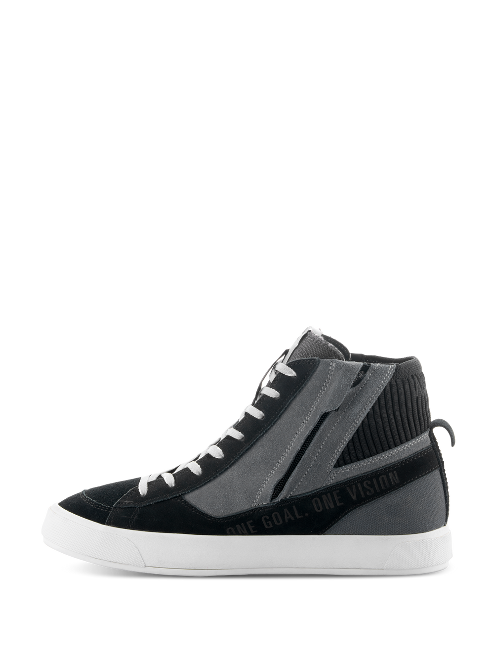 Alpinestars Stated Shoes, Black Gray and White urban motorcycle shoes, side profile featuring high-top sneaker design, lateral zipper, white vulcanized sole, and 
