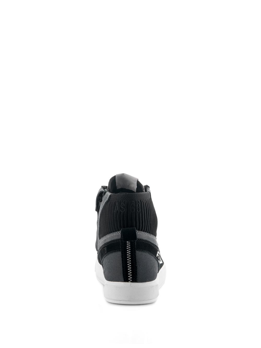 Alpinestars Stated Shoes, urban motorcycle riding shoes, Black Gray White, rear view featuring white vulcanized sole, gray suede and canvas upper, black knitted ankle collar with 