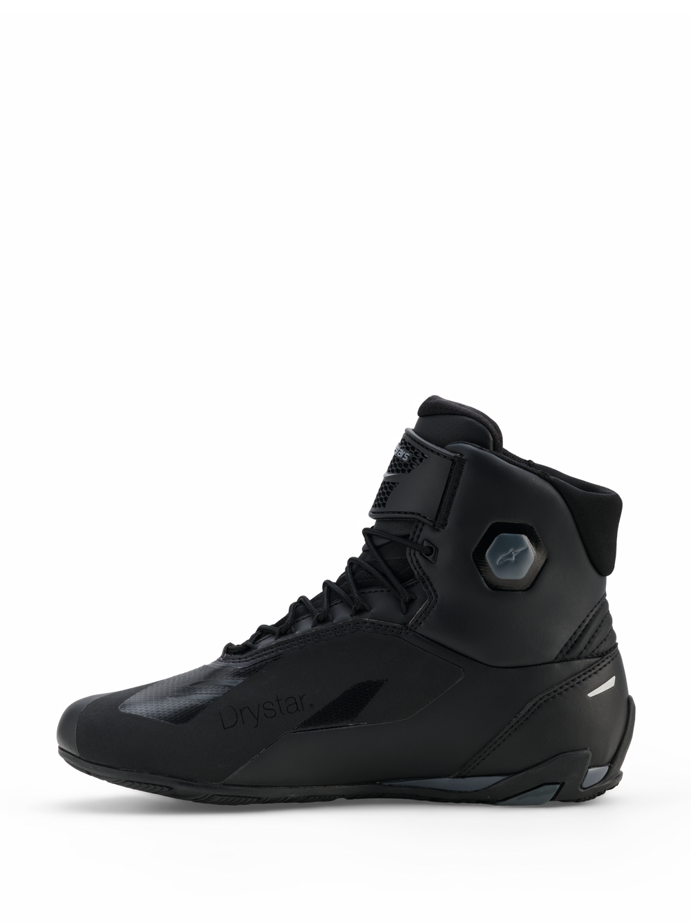 Alpinestars Faster-4 Drystar® Shoes, Motorcycle Riding Shoes, Black Cool Gray, side profile view featuring seamless microfiber construction, Drystar waterproof branding, lace-up closure with an ankle strap, and integrated protective ankle structure.