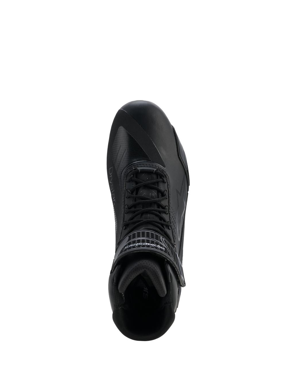 Alpinestars Faster-4 Drystar® Shoes, Black Cool Gray, top-down view of motorcycle riding shoe, featuring lace-up closure and a hook-and-loop ankle strap, seamless microfiber construction with Drystar® branding, sleek athletic profile for protective road riding.