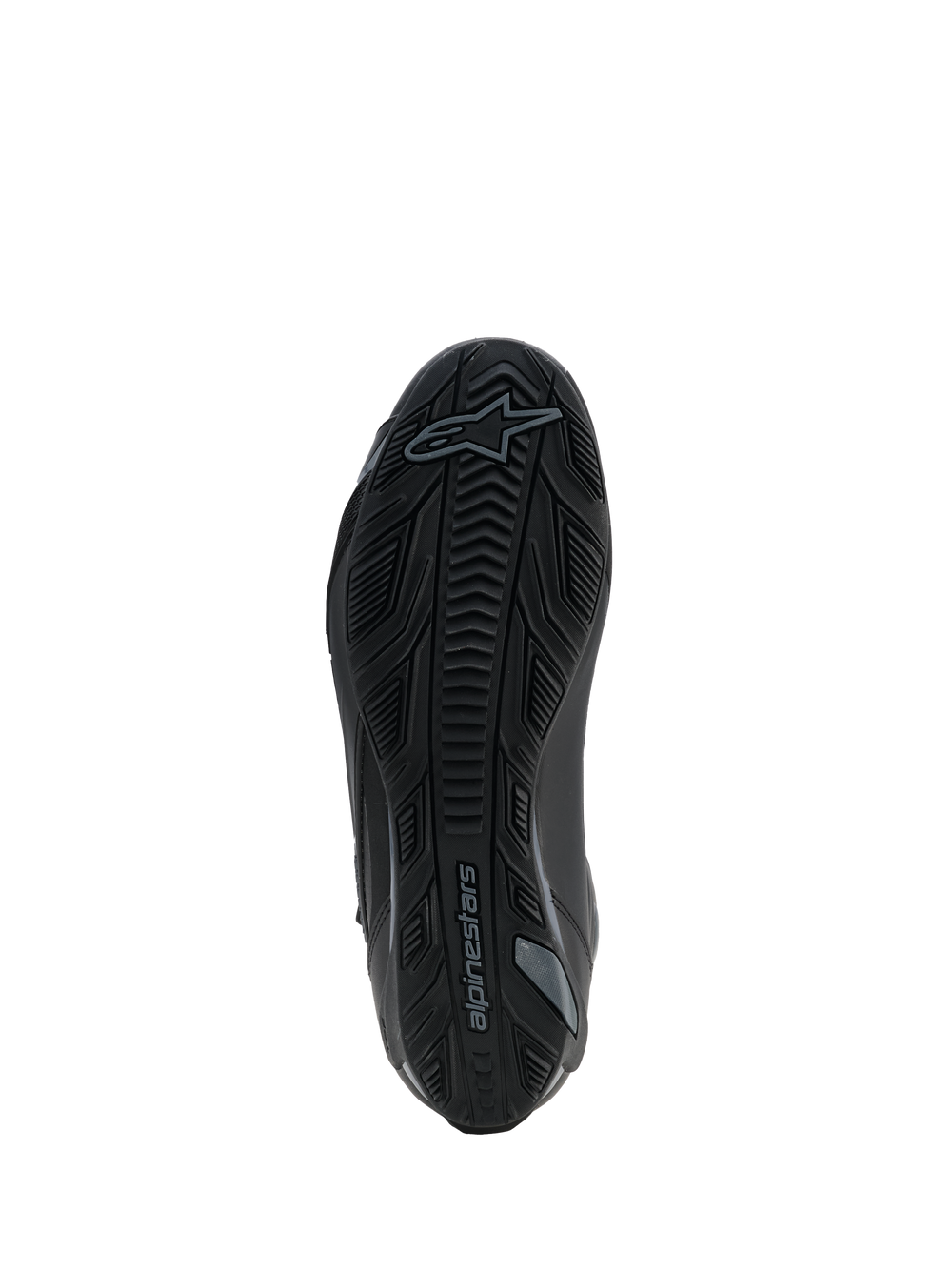 Alpinestars Faster-4 Drystar® Shoes, Black Cool Gray, underside view showing the textured rubber sole with grip pattern and Alpinestars logo, reinforced design for stability and traction.