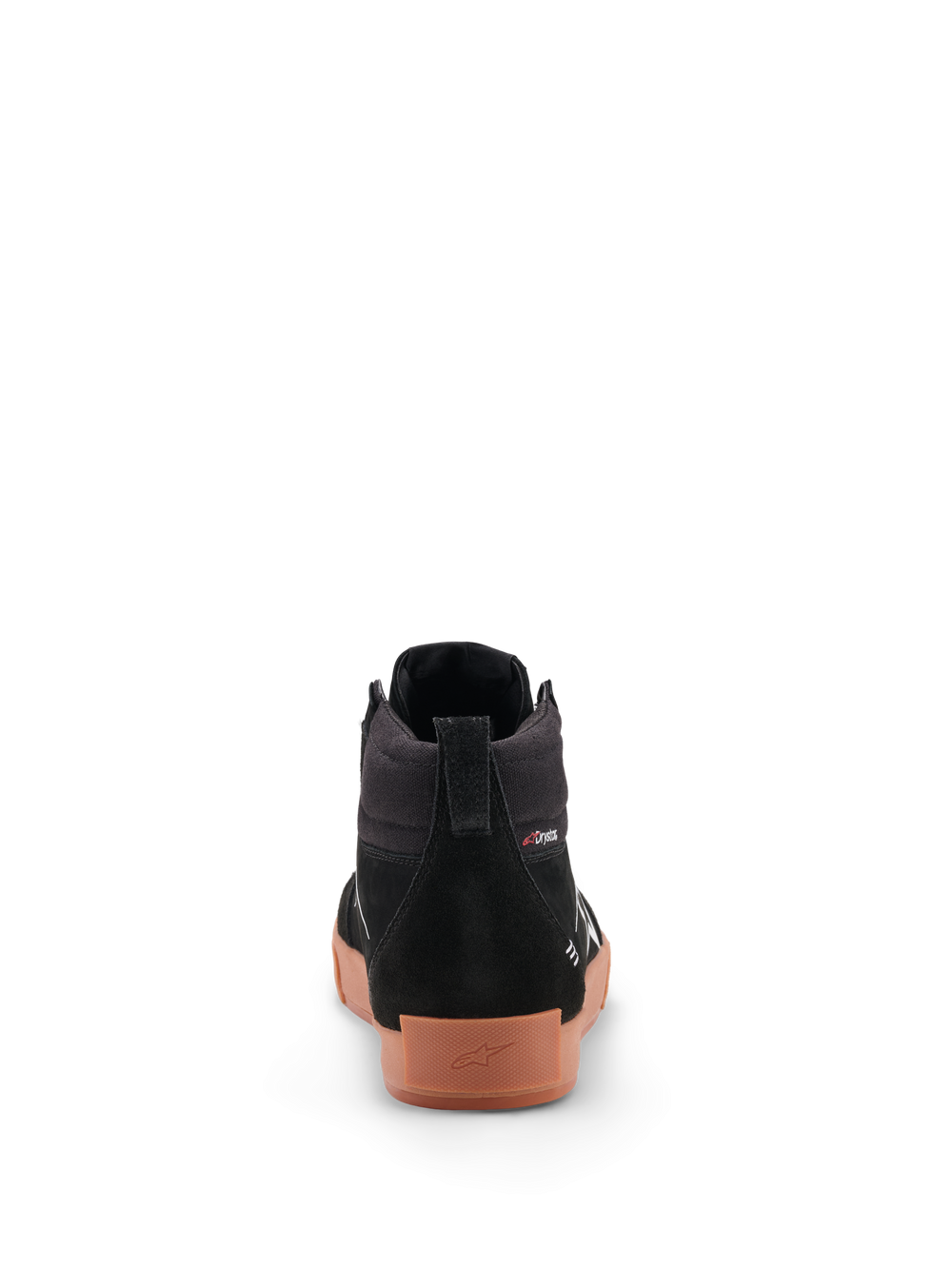 Alpinestars Ride 63 Drystar Shoes, urban motorcycle riding shoes, Black and Gum, rear view highlighting the split suede heel panel, vulcanized rubber sole, and CE-certified protection