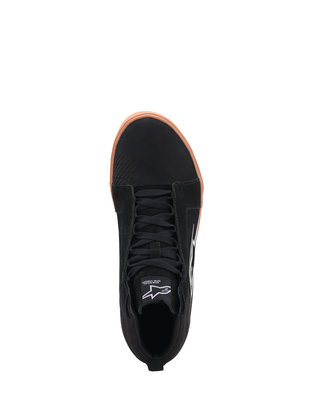 Alpinestars Ride 63 Drystar Shoes, motorcycle riding shoes, Black and Gum, featuring waterproof Drystar membrane, shift pad zone, and CE certification, top-down view