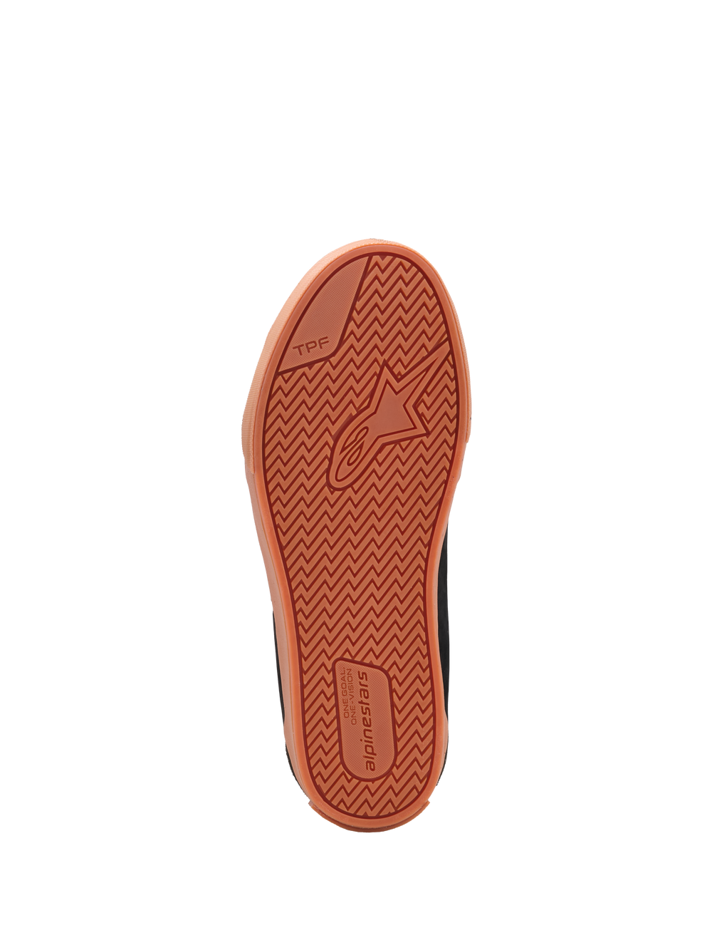 Alpinestars Ride 63 Drystar Shoes, motorcycle riding shoes sole, Black and Gum, showing textured vulcanized rubber tread pattern, TPF protection frame branding, and Alpinestars logo, close-up view