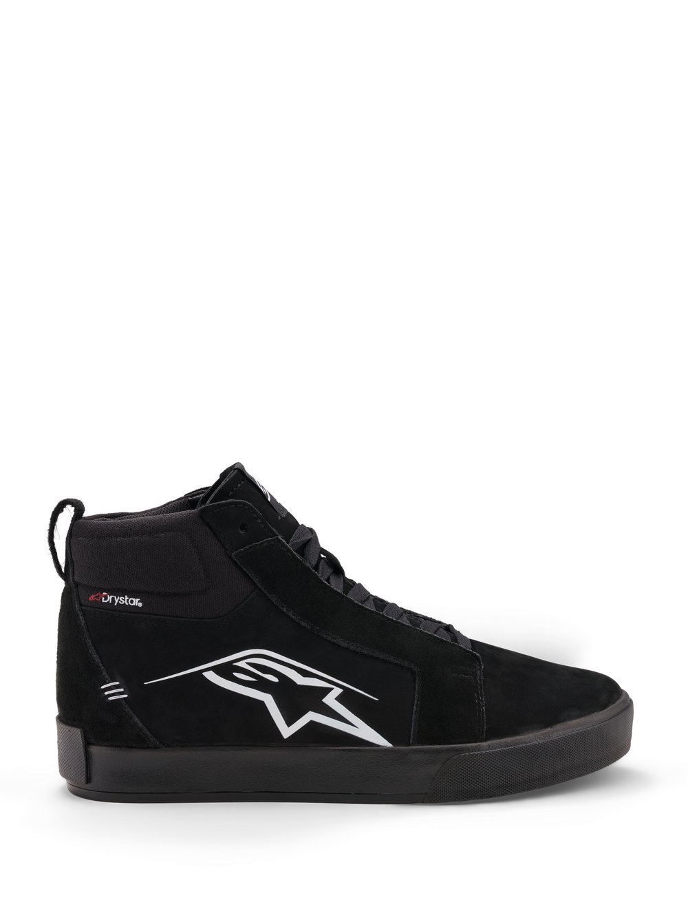 Alpinestars Ride 63 Drystar® Shoes, urban motorcycle riding shoes in black and light gray, side profile view showing leather and suede construction, waterproof Drystar® lining, and protective ankle details