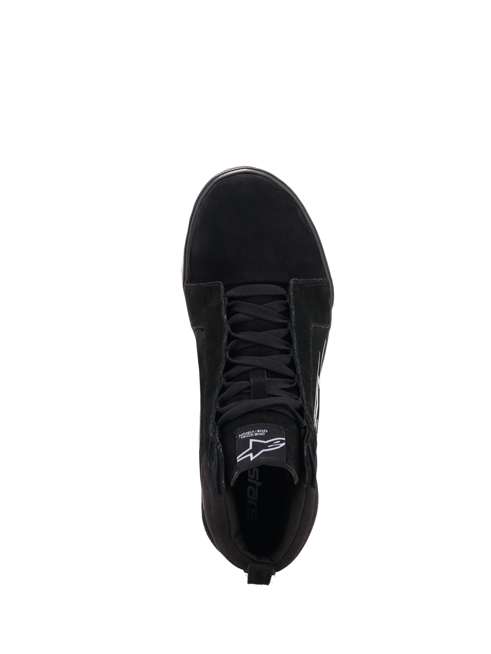 Alpinestars Ride 63 Drystar Shoes, Black and Light Gray, top-down view of CE certified waterproof urban riding shoes with lacing and Alpinestars tongue logo