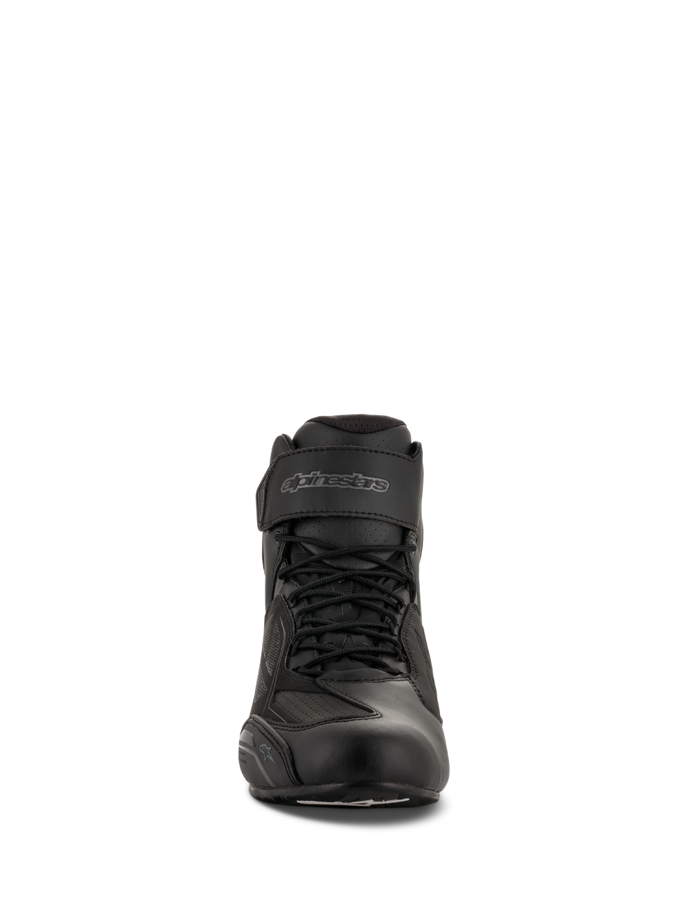 Alpinestars Faster-3 Drystar® Riding Shoes, Black Cool Gray, front view showing lace closure and Velcro ankle strap, waterproof microfiber motorcycle footwear.