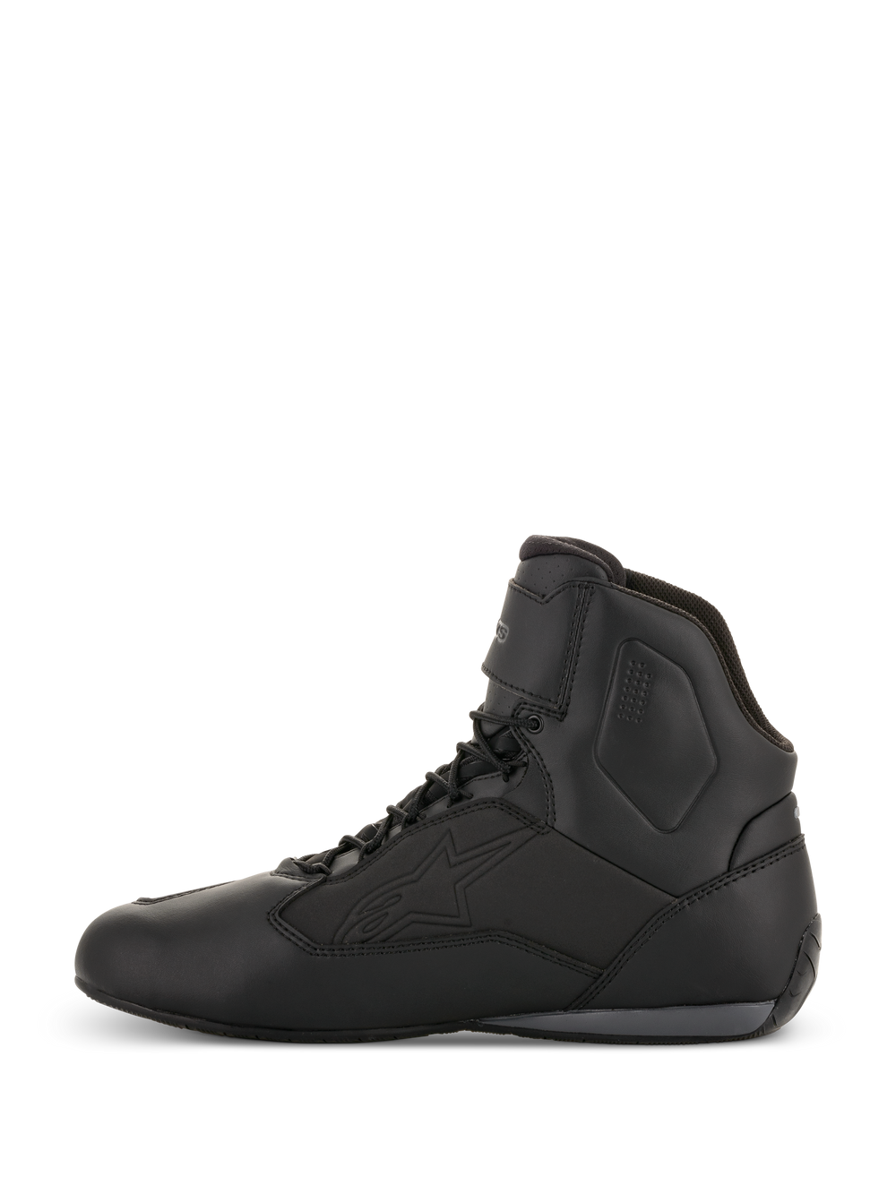 Alpinestars Faster-3 Drystar® Riding Shoes, Motorcycle Riding Shoes, Black Cool Gray, side profile view, high-top design with laces, waterproof microfiber construction, technical gear for road riding