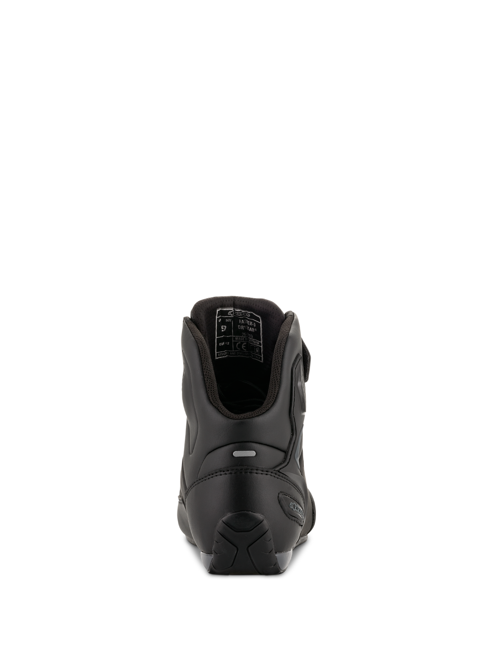 Alpinestars Faster-3 Drystar® Riding Shoes, Black Cool Gray, rear view showing heel reinforcement, reflective tab, and internal lining, waterproof microfiber construction for road riding.