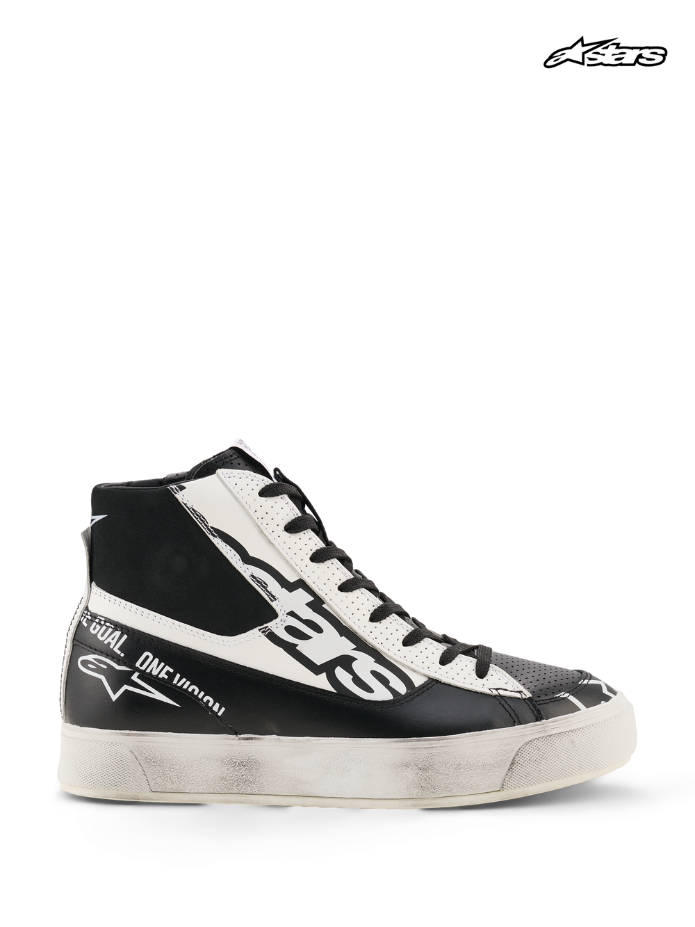 Alpinestars Stella Stated Flair Shoes, women's urban motorcycle riding shoes in black and white, high-top silhouette with TPF ankle protection and CE certification, side profile view showing hand-applied worn finish and vulcanized rubber sole