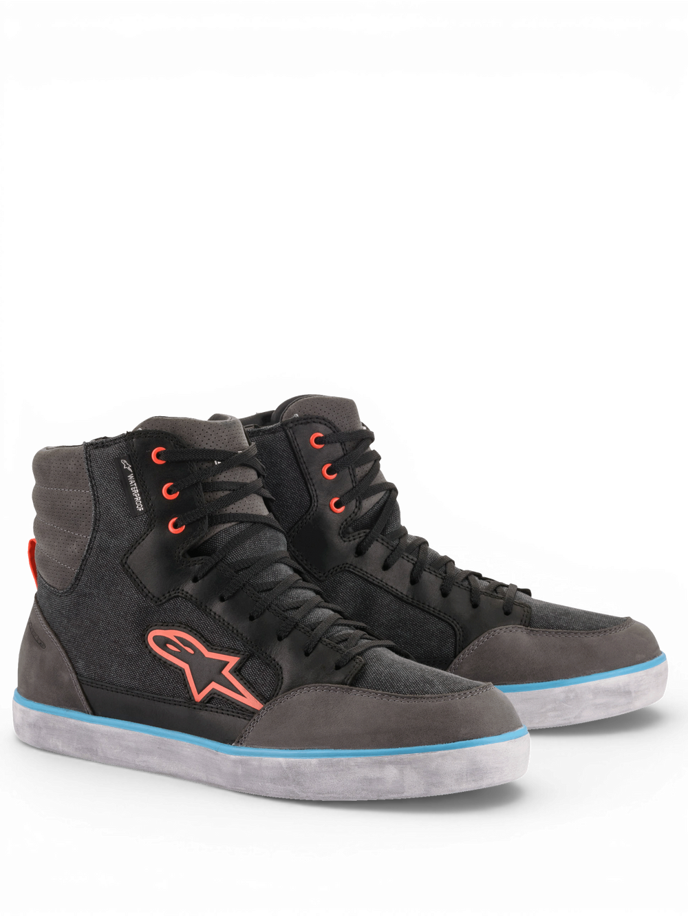 Alpinestars J-6 Waterproof Canvas men's urban riding shoes in gray and black leather with blue and orange accents.