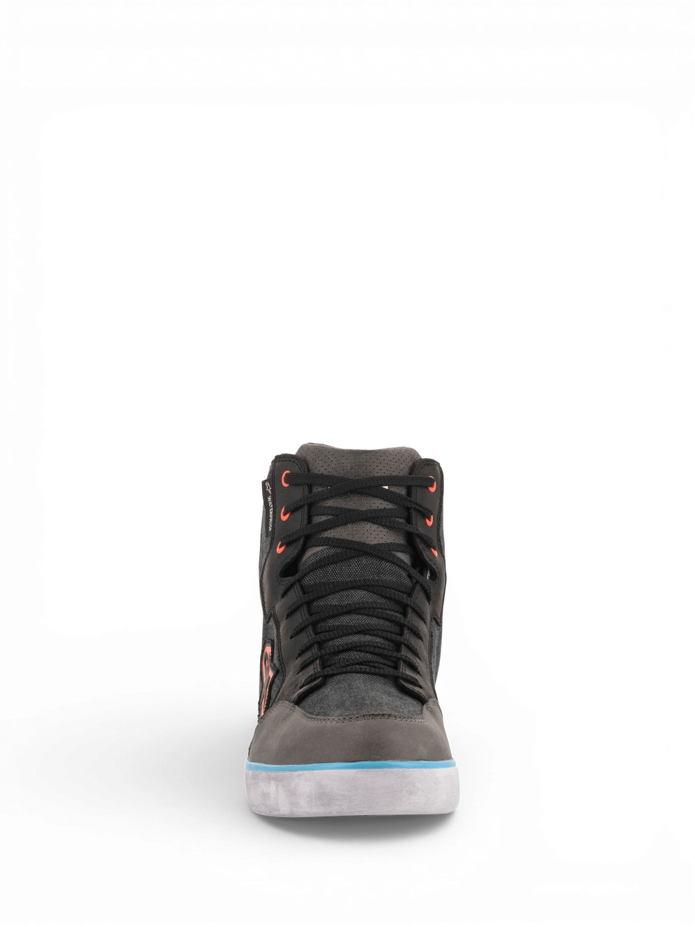 Alpinestars J-6 Waterproof Canvas Riding Shoe, gray and black urban motorcycle sneaker with light blue accents.