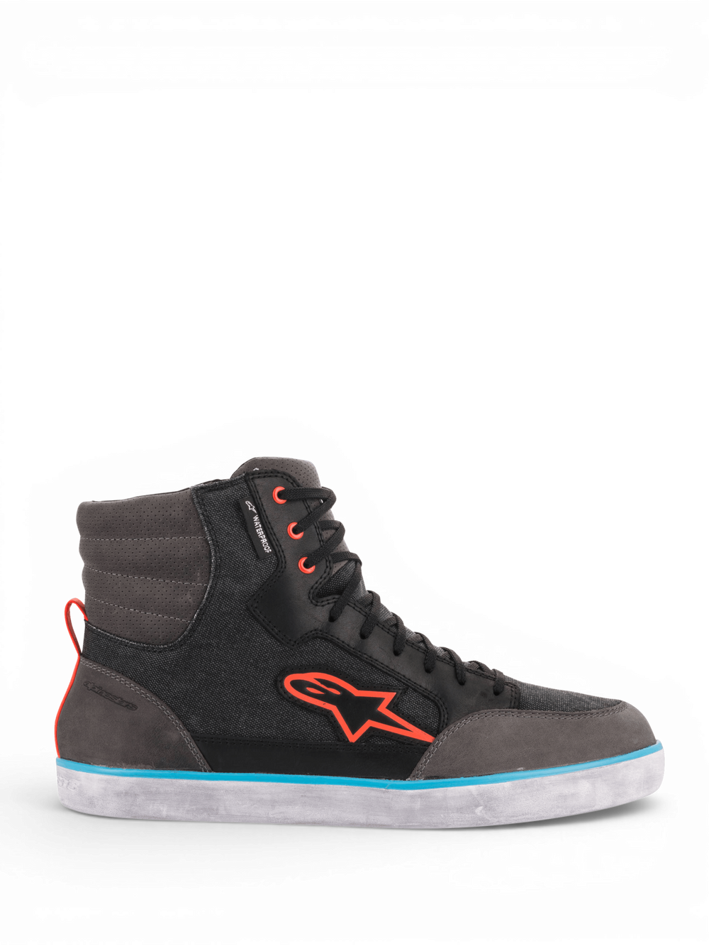 Alpinestars J-6 Waterproof Canvas Men's Riding Shoes in black and gray with light blue and orange accents.