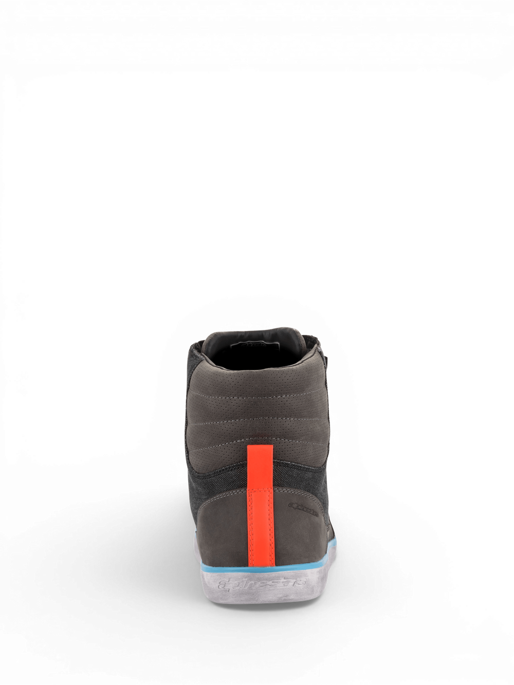 Alpinestars J-6 Waterproof Canvas Riding Shoe in gray and anthracite, featuring an orange heel stripe and blue accents.