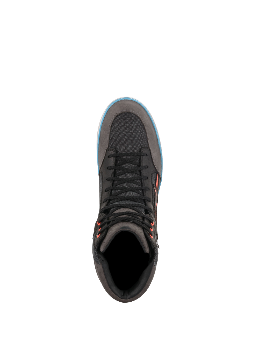 Alpinestars J-6 Waterproof Canvas motorcycle riding shoe, urban sneaker in Gray and Black with blue trim.