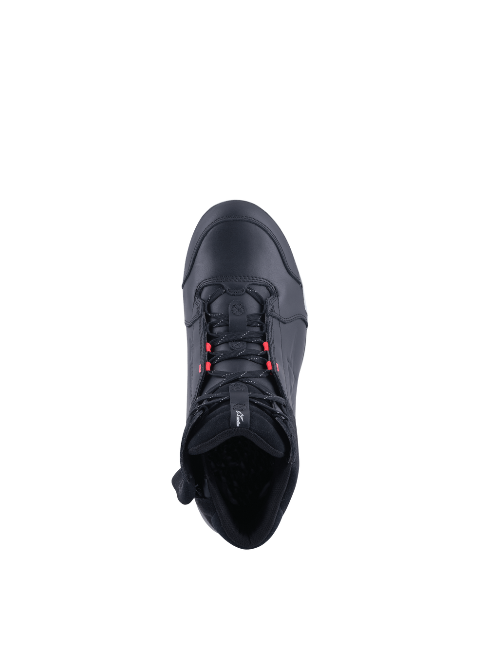 Alpinestars Stella Chrome Drystar Women's Riding Shoes, waterproof black leather motorcycle sneakers with pink accents, top view.