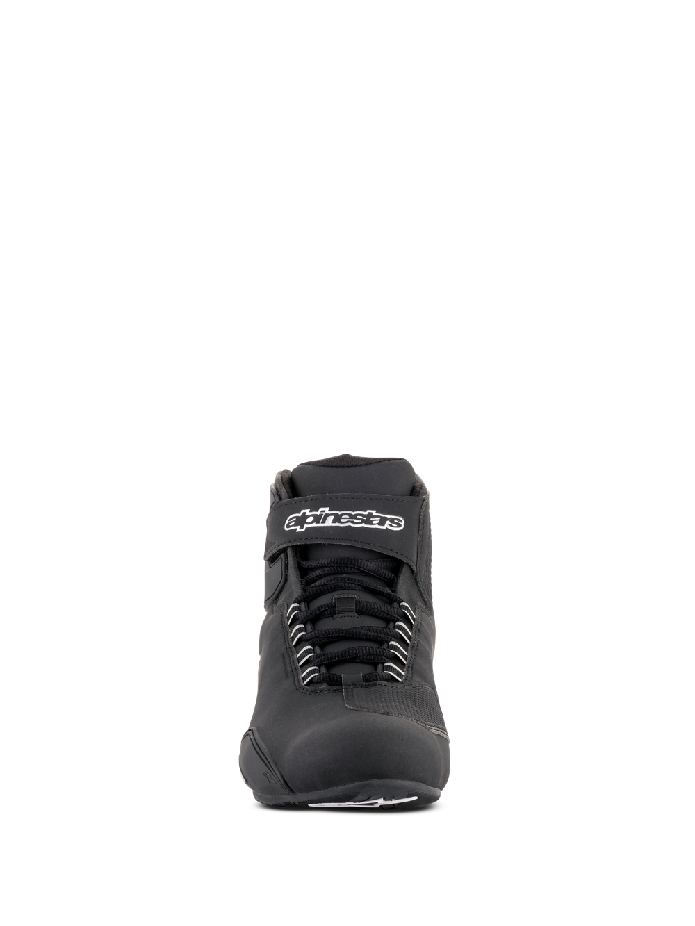 Alpinestars Sektor Waterproof Shoes, Black Riding Shoes, front view featuring black laces and a Velcro ankle strap with white Alpinestars logo, sleek microfiber design for all-weather motorcycle performance