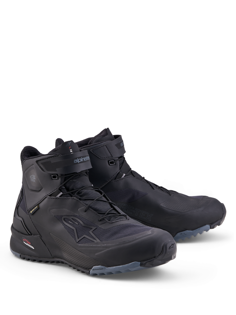 Alpinestars Cr-X Gore-Tex Shoes, motorcycle riding shoes, Black and Dark Gray, waterproof GORE-TEX membrane, adventure low-profile design