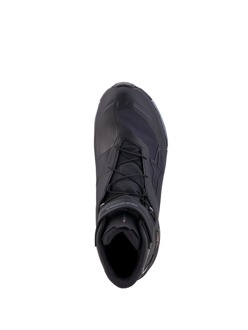 Alpinestars Cr-X Gore-Tex Shoes, motorcycle riding shoes, Black and Dark Gray, waterproof GORE-TEX membrane, top-down view showing lace system and protective construction