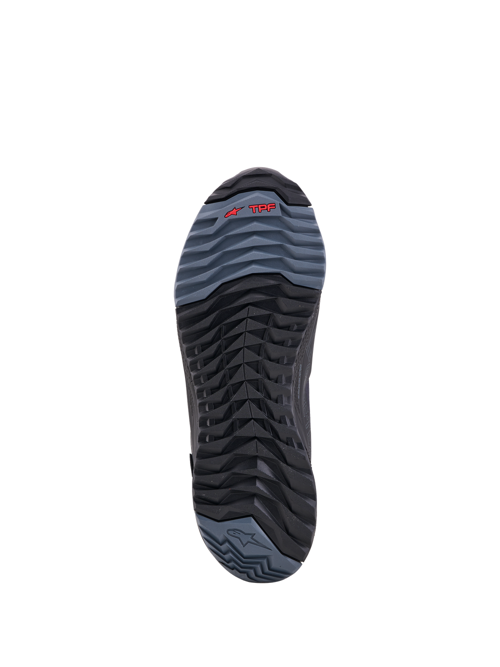 Alpinestars Cr-X Gore-Tex Shoes, motorcycle riding shoes outsole, Black and Dark Gray, showing adventure rubber tread pattern and TPF protection technology