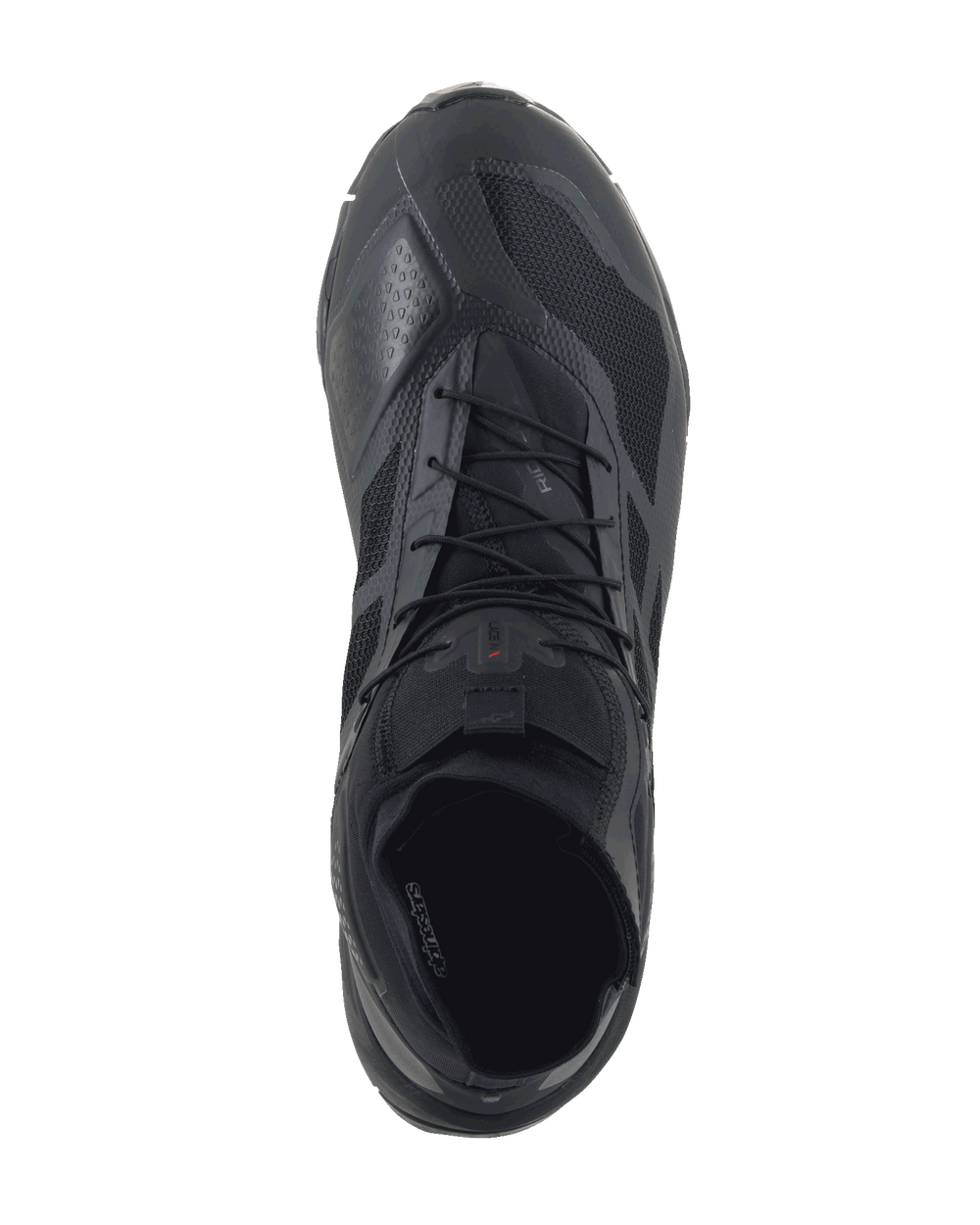 Alpinestars CR-1 Shoes, Motorcycle Riding Shoes, Black and Dark Gray, top-down view featuring breathable 3D mesh and microfiber construction, lacing system, designed for warm weather road and sport riding