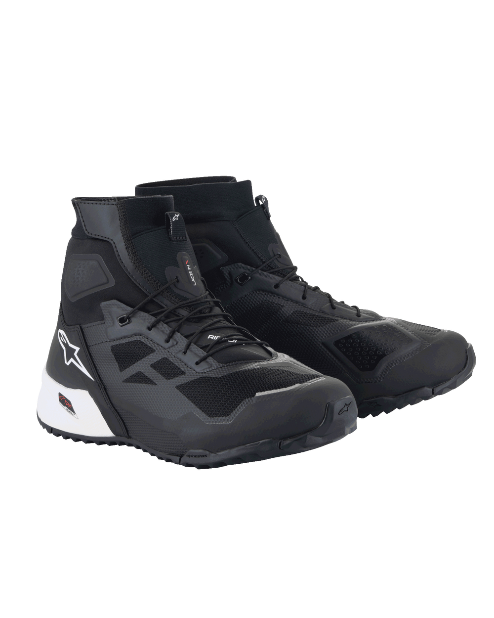 Alpinestars CR-1 Shoes, High-Top Motorcycle Riding Shoes, Black and White, featuring 3D mesh and synthetic panels, white Alpinestars star logo on heel, textured outsole for grip, urban and sport riding footwear