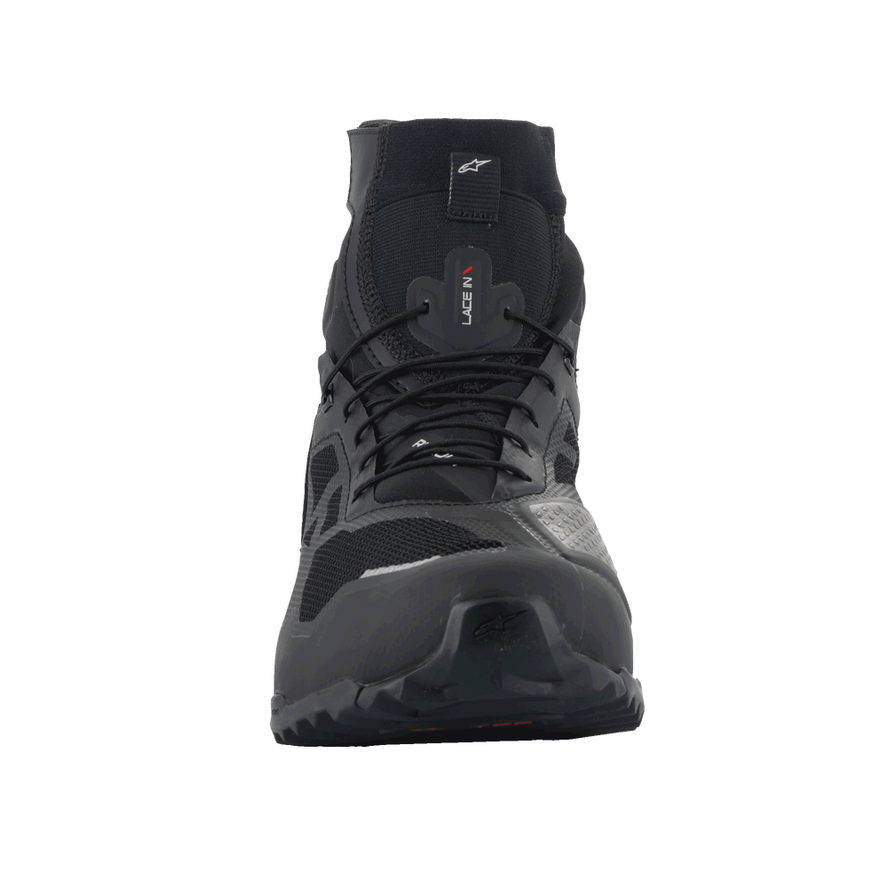 Alpinestars CR-1 Shoes, Motorcycle Riding Shoes, Black and White, front view, featuring breathable 3D mesh panels, microfiber construction, and lace-up closure, designed for touring and sport riding