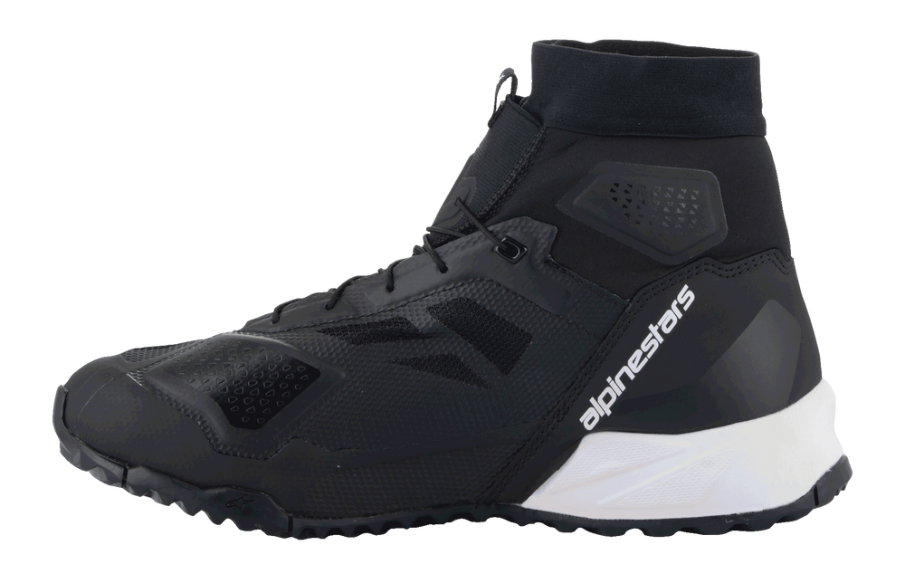 Alpinestars CR-1 Shoes, Motorcycle Riding Shoes, Black and White, side profile featuring microfiber and 3D mesh upper, white midsole at the heel with white Alpinestars branding, high collar design for touring and sport riding