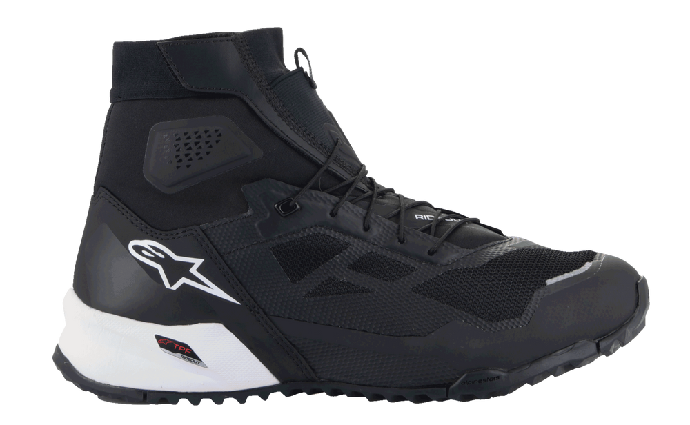 Alpinestars CR-1 Shoes, Motorcycle Riding Shoes, Black and White, featuring 3D mesh panels, white Alpinestars logo on the heel, sporty high-top profile with thin laces and white midsole, designed for touring and road use
