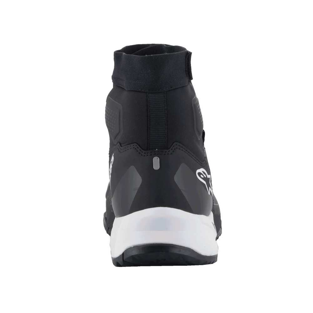 Alpinestars CR-1 Shoes, Motorcycle Riding Shoes, Black and White, rear view highlighting the heel and ankle structure, white midsole and black upper, breathable textile and microfiber materials for warm weather riding.
