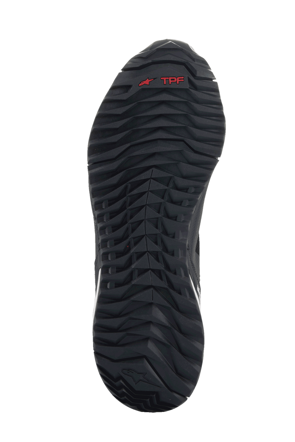Alpinestars CR-1 Shoes, Black and White, bottom view showing the textured black sole with a red TPF logo and deep tread pattern for motorcycle riding grip.