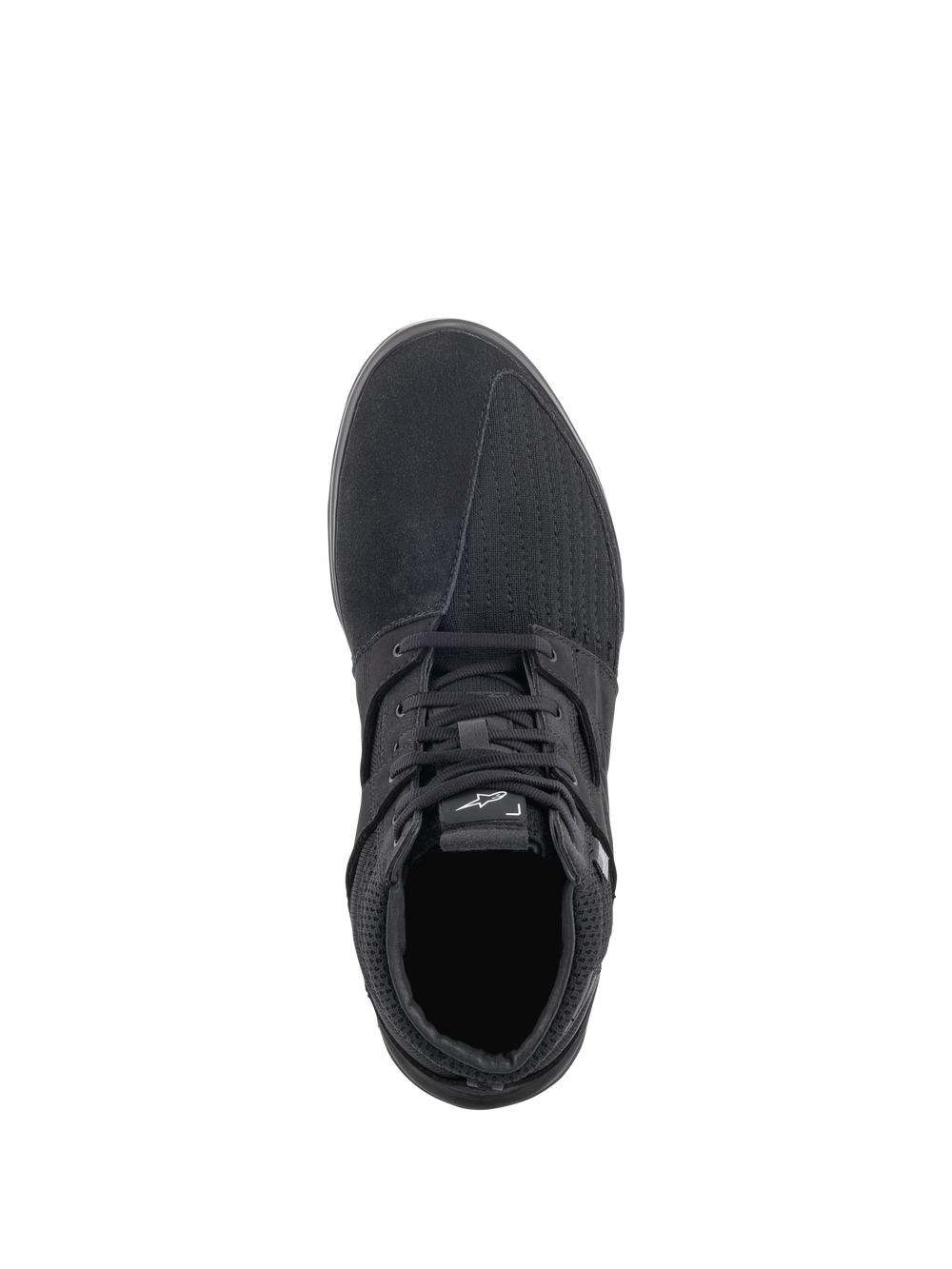 Alpinestars Primer Riding Shoes, Black, top-down view, casual urban motorcycle footwear featuring a mixed-material upper with suede and mesh panels, lace-up closure, and a white Alpinestars logo on the tongue