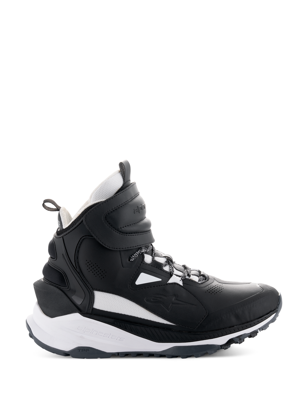 Alpinestars Speedstreet Shoes, high-top motorcycle sneakers, black and white, side view featuring a large hook-and-loop ankle strap, thick white midsole with Alpinestars and TPF branding, and rugged rubber outsole for urban riding.