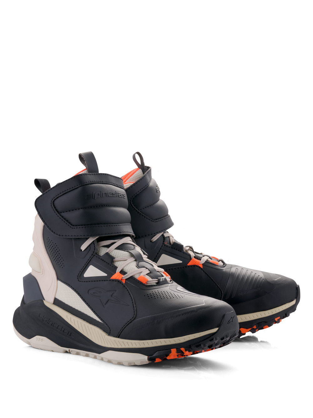 Alpinestars Speedstreet Shoes, Urban Motorcycle Riding Shoes, Black Almond Hot Orange, high-top street-inspired design with microfiber upper, large hook-and-loop ankle strap, laces, and thick off-white sole with orange grip details