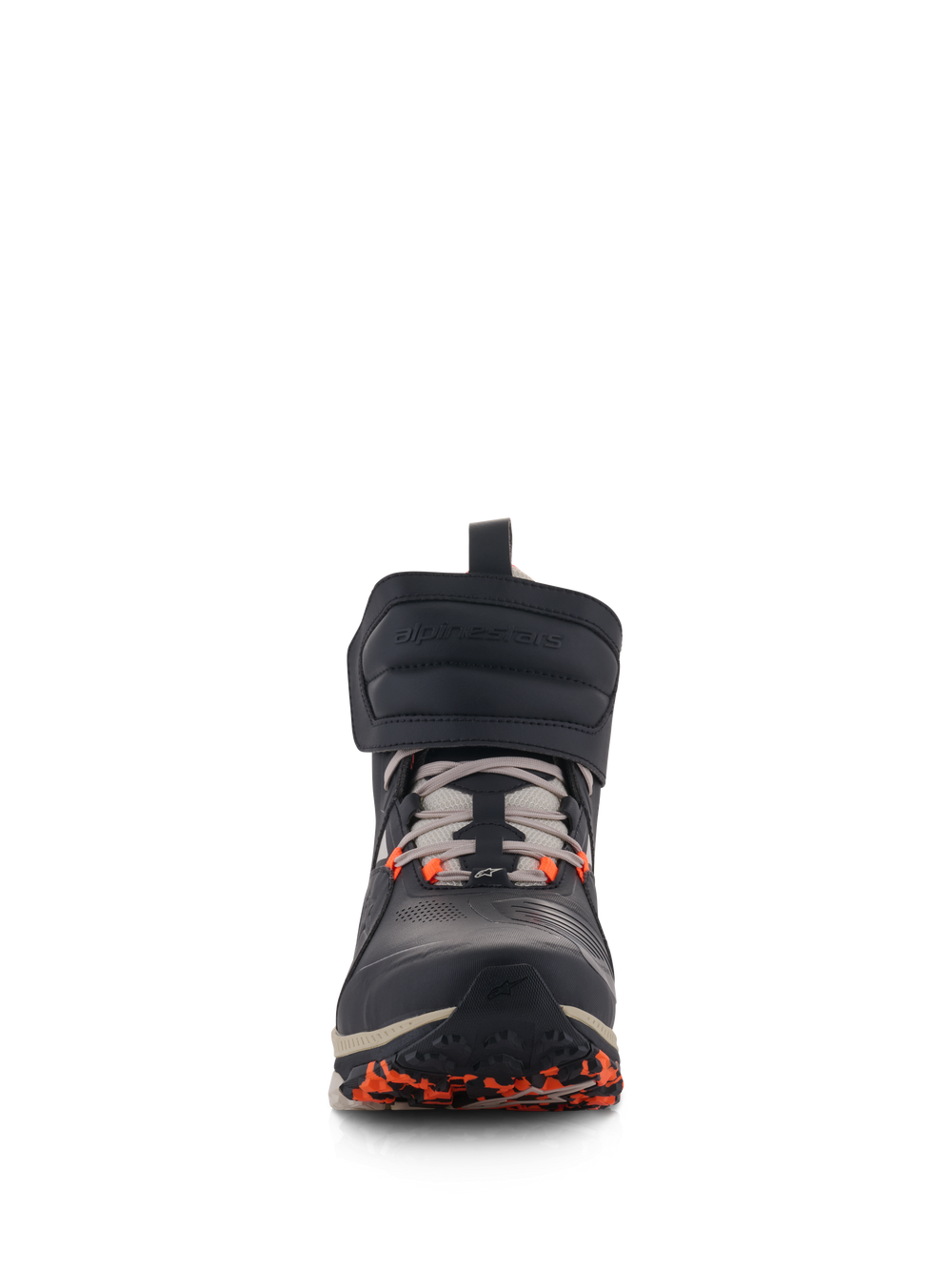 Alpinestars Speedstreet Shoes, Urban Motorcycle Riding Shoes, Black Almond and Hot Orange, front view featuring a large hook-and-loop ankle strap, lace-up closure, and orange accents on the sole