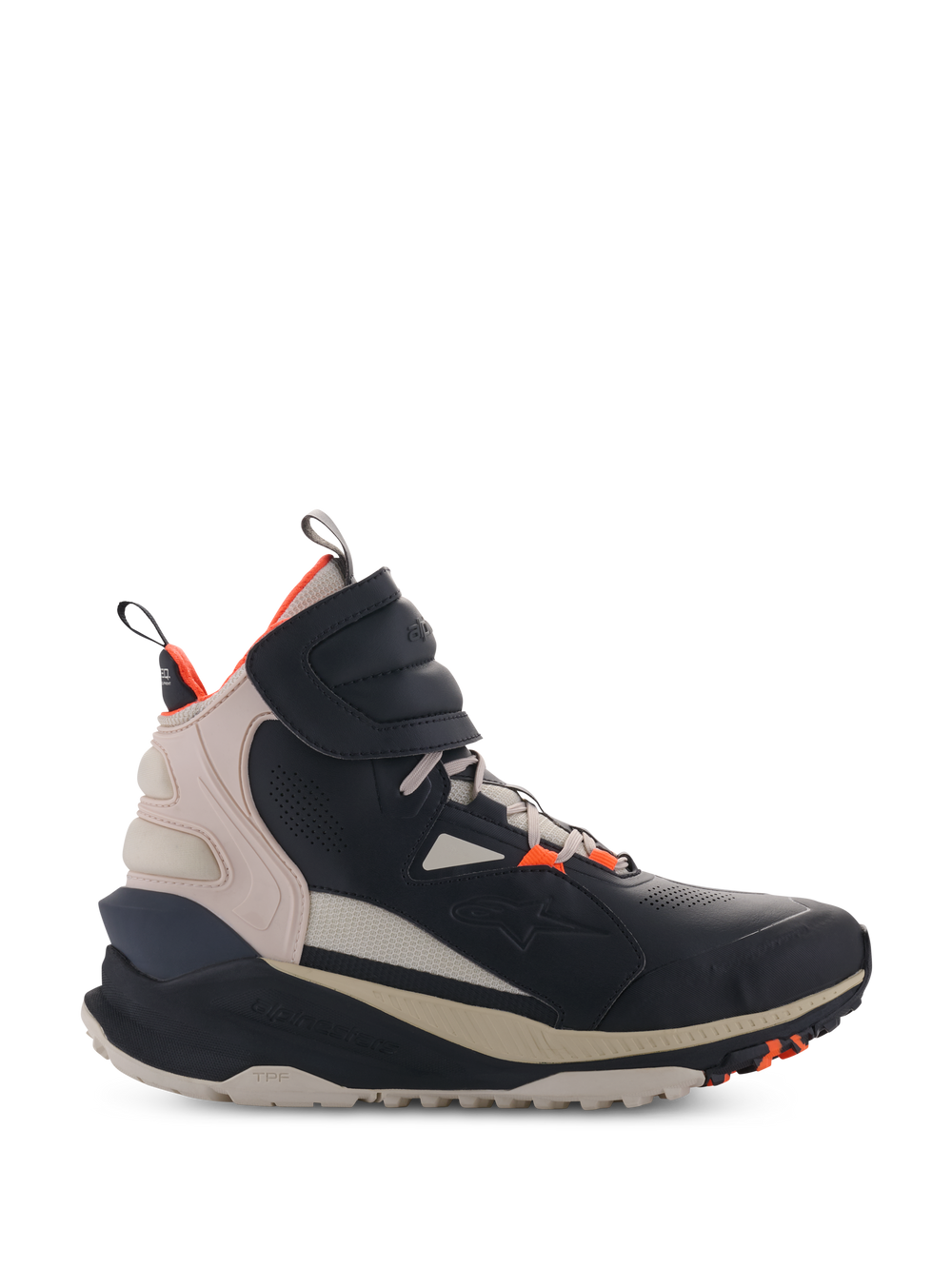 Alpinestars Speedstreet Shoes, High-Top Motorcycle Sneakers, Black and Almond with Hot Orange accents, street-styled microfiber upper with perforated details, thick ergonomic sole, modern urban riding design with hook-and-loop strap