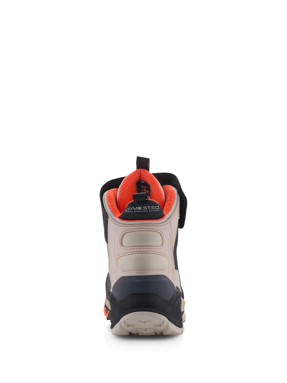 Alpinestars Speedstreet Shoes, Motorcycle Riding Shoes, Black Almond and Hot Orange, rear view showing reinforced heel counter, almond microfiber panels, bright orange interior lining, and MO.ST.EQ. branding