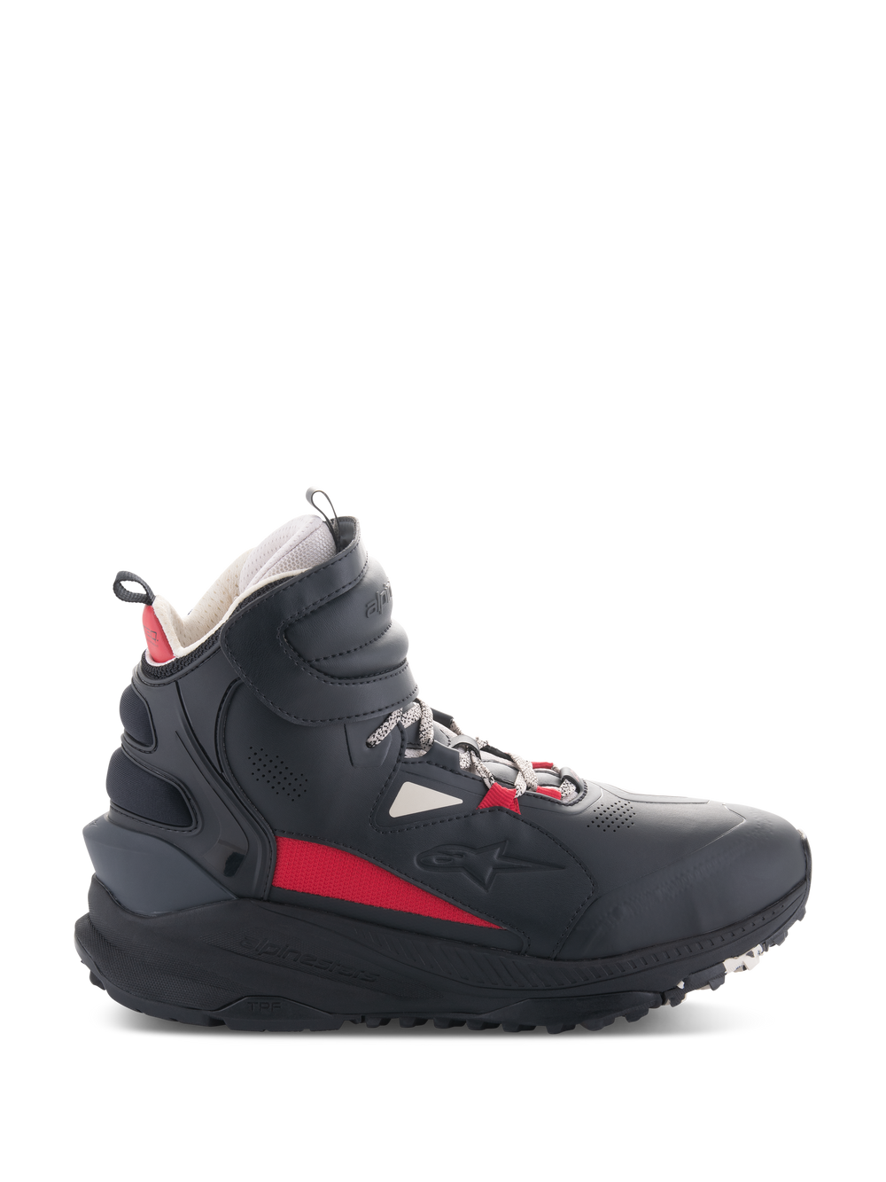 Alpinestars Speedstreet Shoes, Motorcycle Riding Shoes, Black Ecru and Bright Red, high-top side profile, streetwear-inspired design, padded ankle collar, thick sole with TPF marking, protective gear for urban riding