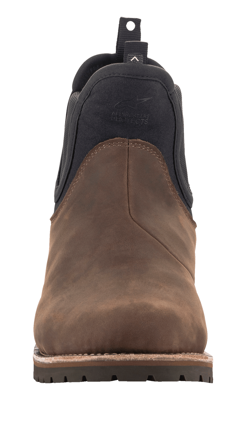 Alpinestars Turnstone Shoes, Chocolate brown, Chelsea boot-style motorcycle riding shoes, front view featuring bovine leather construction and a durable lugged sole