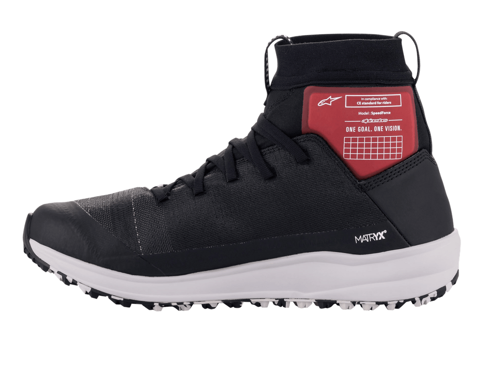 Alpinestars Speedforce Shoes, Motorcycle Riding Shoes, Black White and Red, featuring MATRYX textile upper, high-cut ankle protection with red graphic panel, white athletic midsole, running shoe inspired silhouette for urban riding