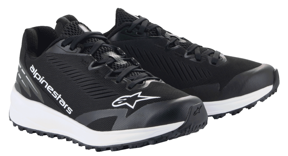 Alpinestars Meta Road V2 Shoes, Sportswear Shoes, Black and White, breathable mesh upper with white Alpinestars branding, thick white midsole, athletic design for race-team workwear