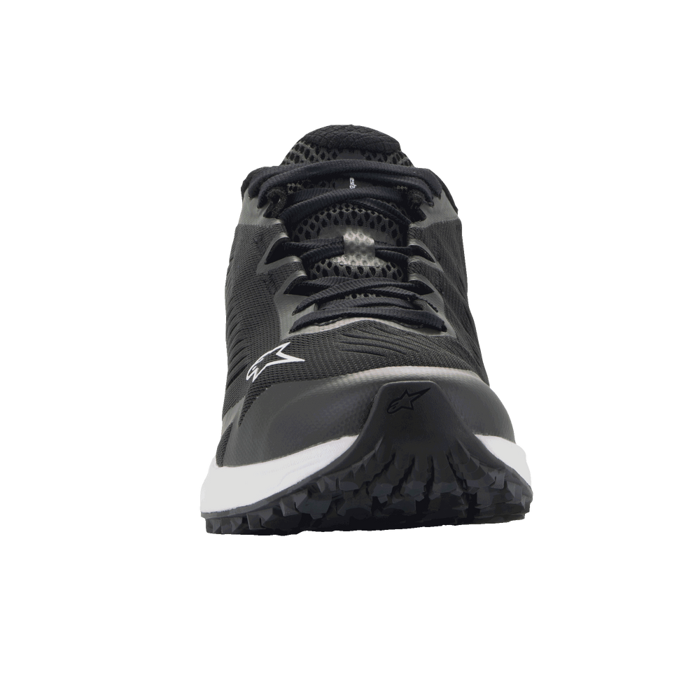 Alpinestars Meta Road V2 Shoes, Sportswear Shoes, Black and White, front view featuring breathable mesh construction, white midsole, and Alpinestars logo on the side and toe, lightweight motorsport-inspired workwear