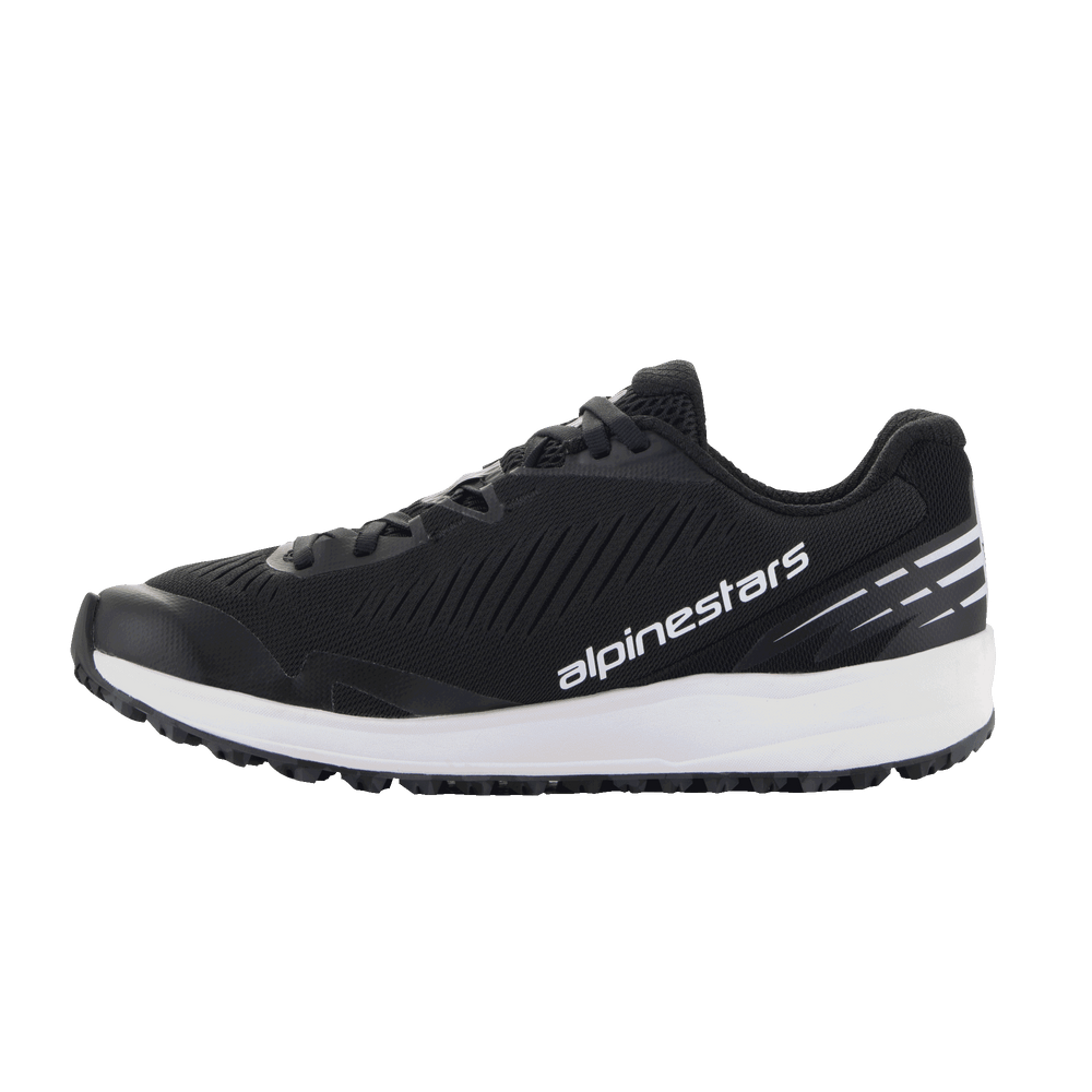 Alpinestars Meta Road V2 Shoes, Sportswear Shoes, Black and White, breathable mesh upper with diagonal textured ridges, thick white midsole, white Alpinestars logo on the side, white stripe accents on the heel, athletic design for casual wear and race-team workwear