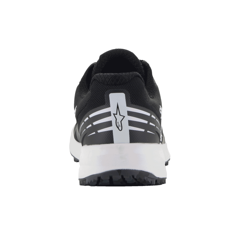 Alpinestars Meta Road V2 Shoes, Sportswear Shoes, Black and White, rear view featuring white Alpinestars star logo and horizontal stripes on the heel, white midsole, lightweight breathable design for race-team workwear